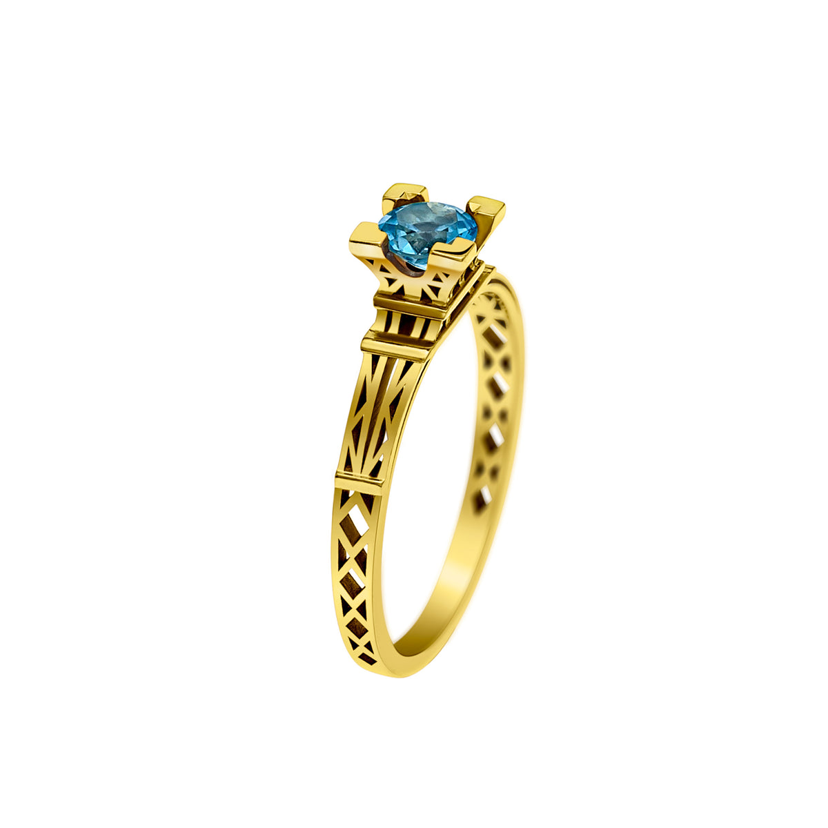 Bague or blanc 18 carats et topaze bleue à facettes et diamants
