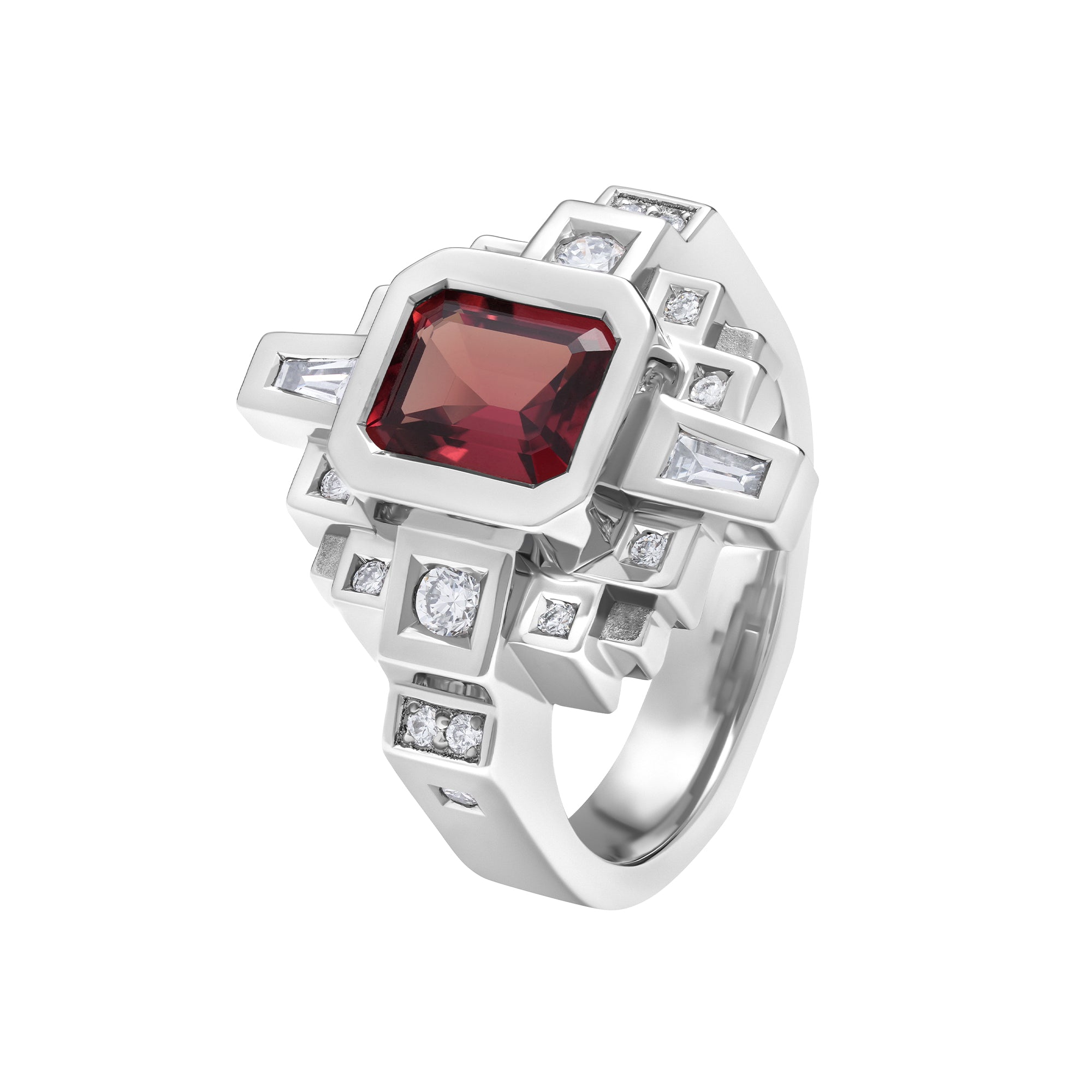 Pièce unique bague esther or blanc et saphir rouge