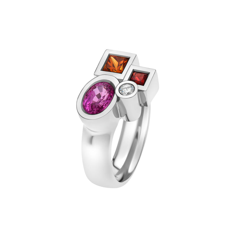 Bague Marélie médium rose en or, diamant, saphirs et rubis