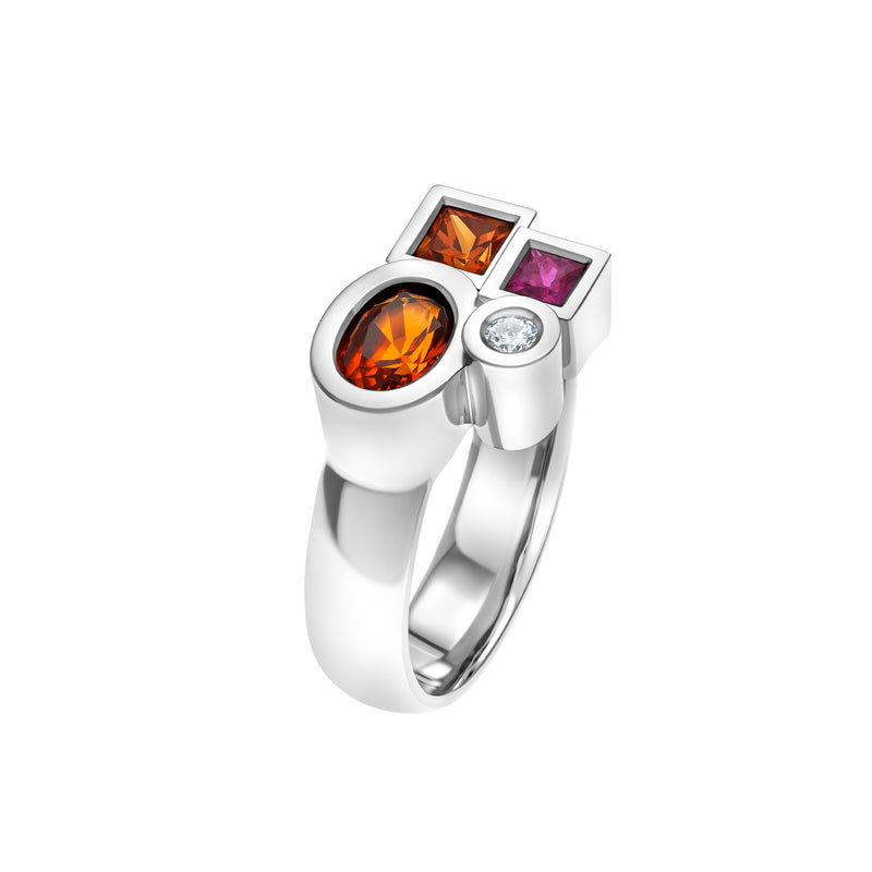 Bague Marélie médium rouge-orangé en or, diamant, saphirs et rubis