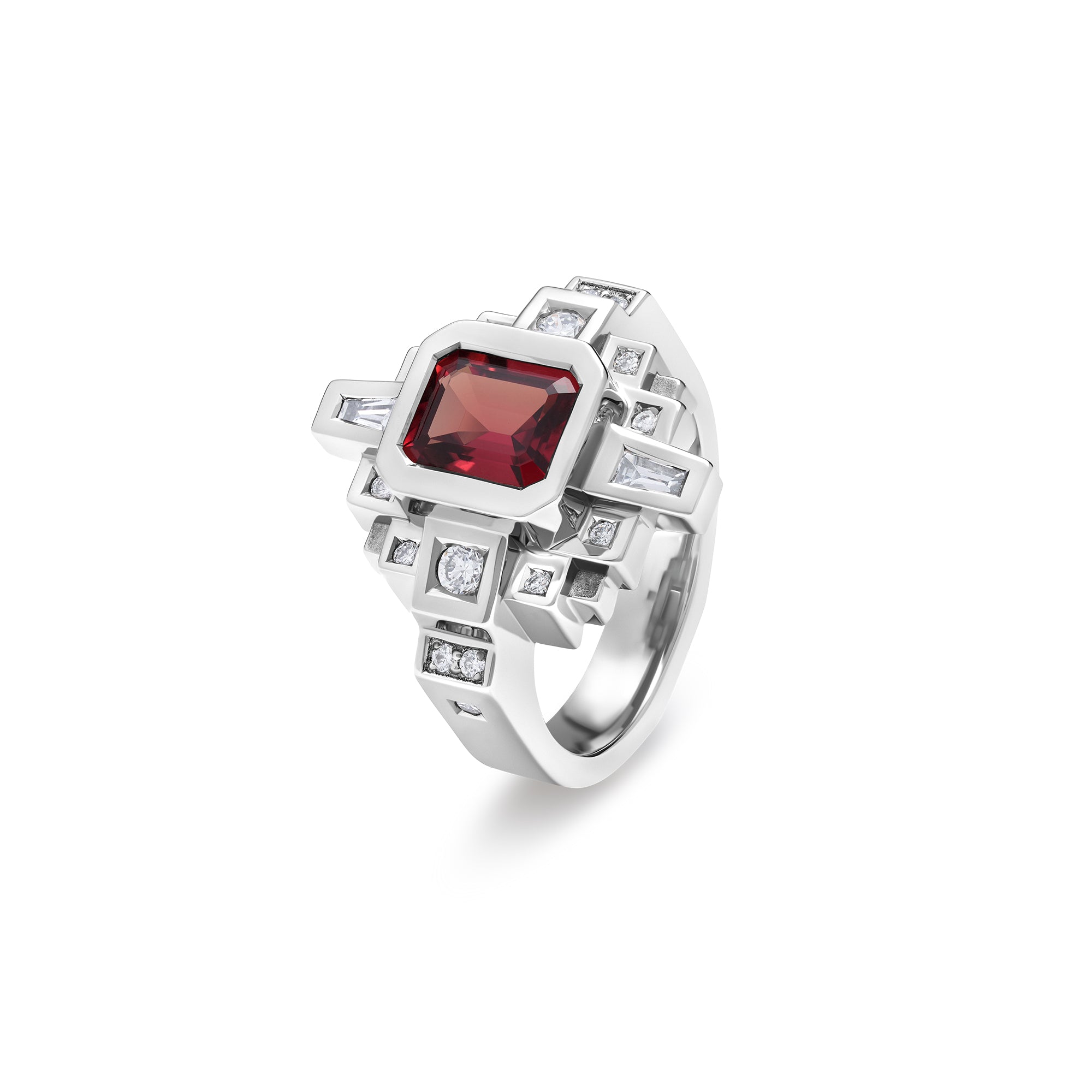 Pièce unique bague esther or blanc et saphir rouge