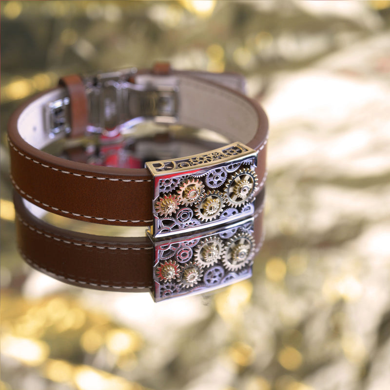 Bracelet Engrenage rectangle en or sur cuir
