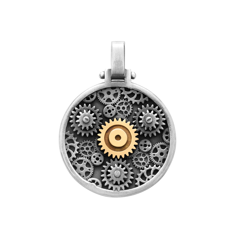 Pendant Engrenages round  in silver and yellow gold