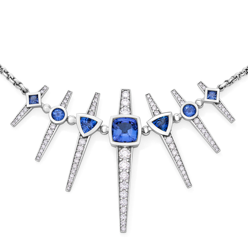 Collier diamants saphirs et tanzanite en or blanc