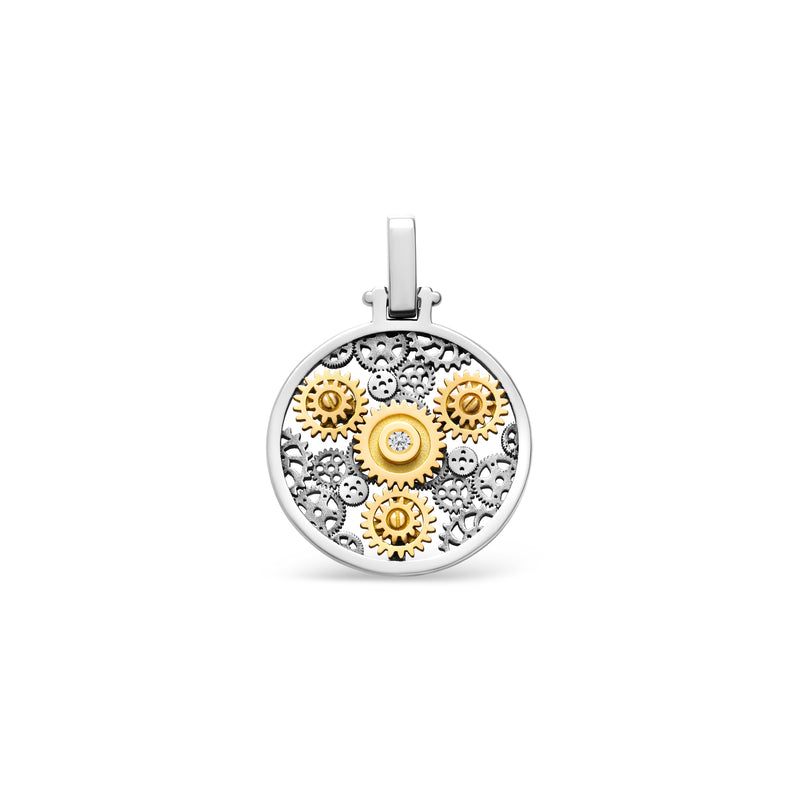 Pendant Engrenages round  in white and yellow gold