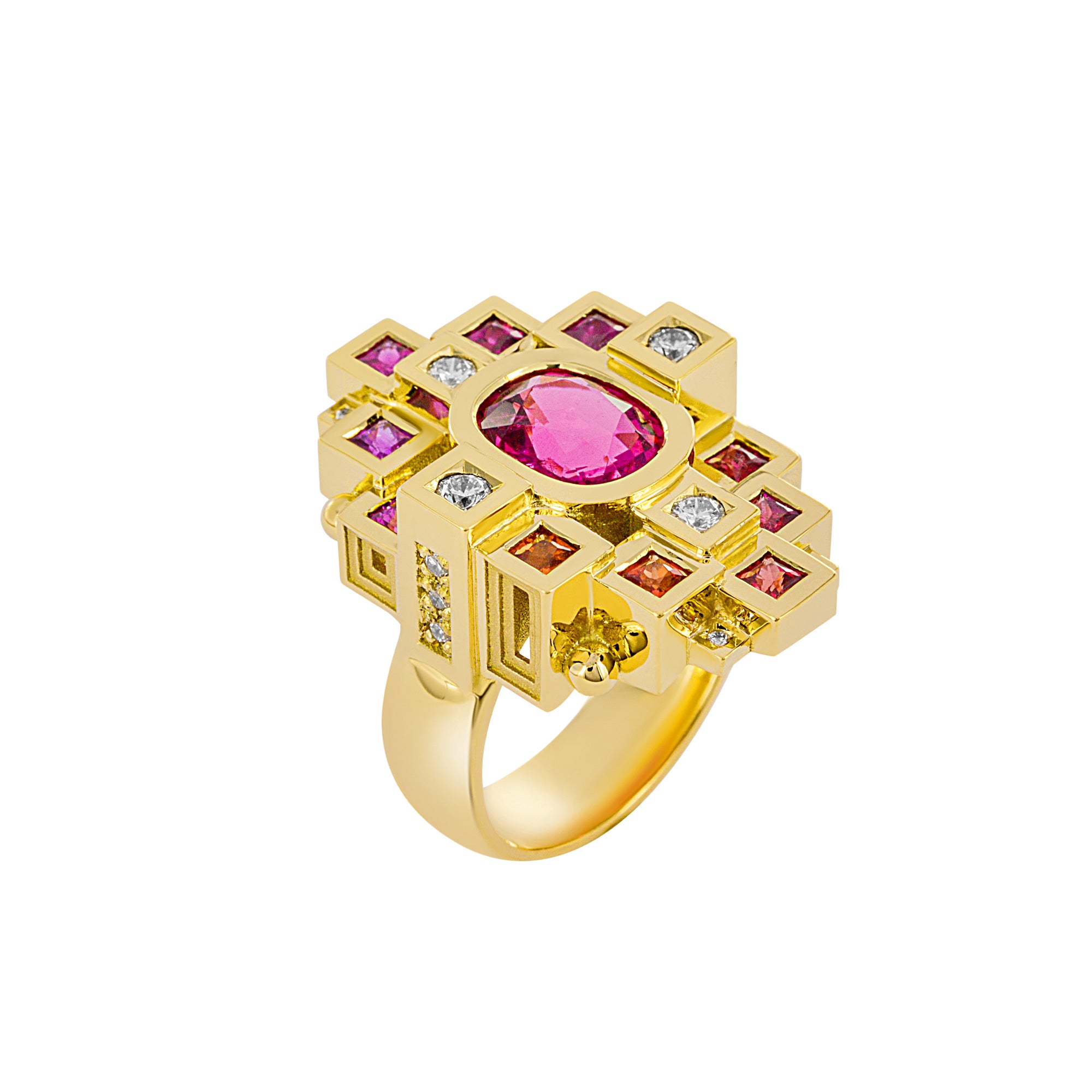 Bague Saphirs, rubéllites et diamants en or jaune