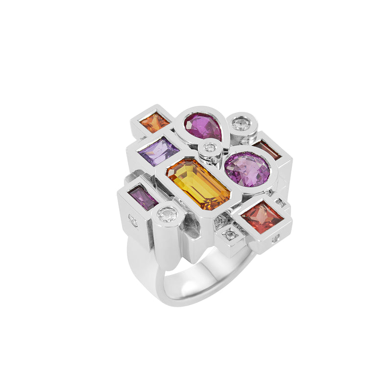 Création unique bague en or blanc et pierres de couleurs