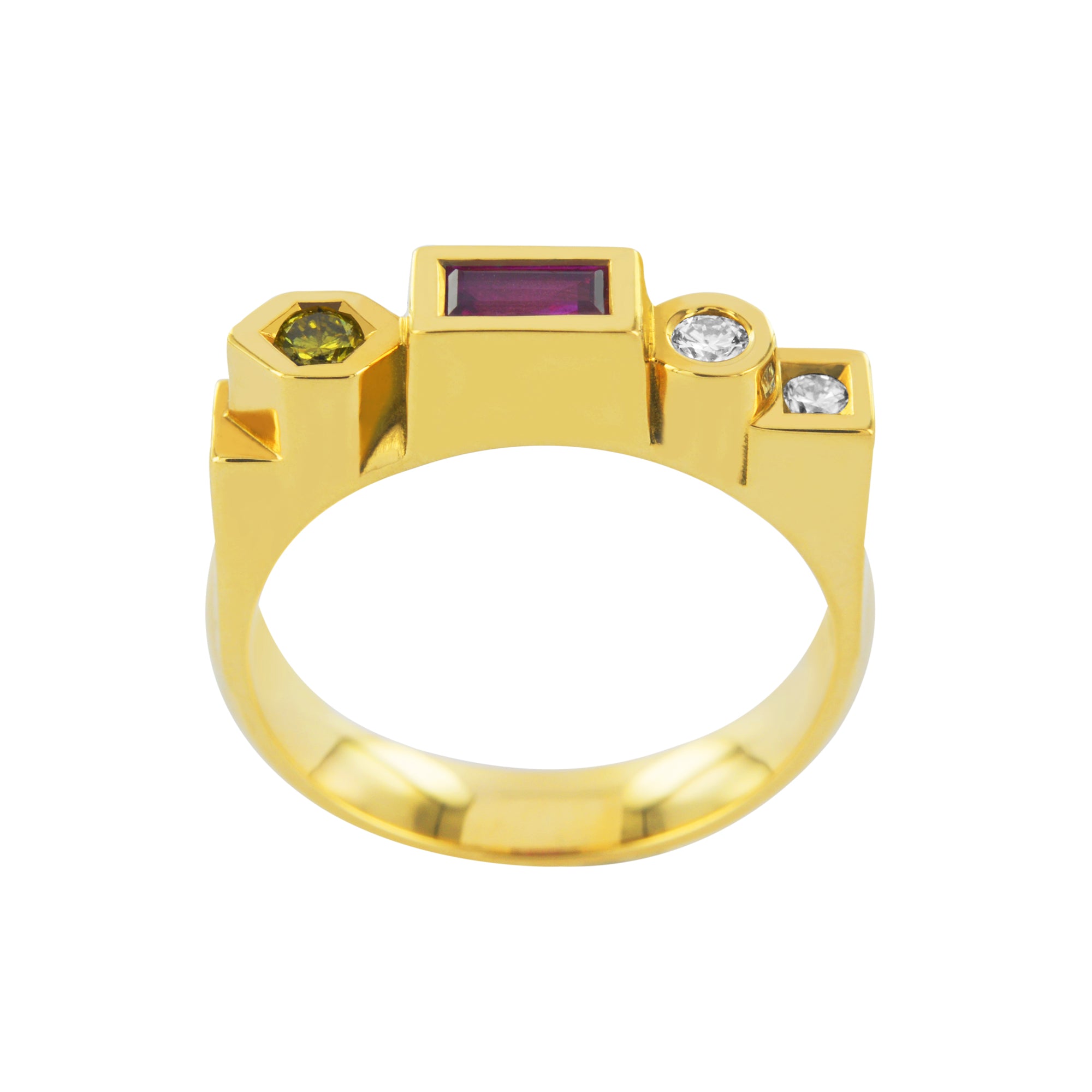 Pièce unique bague en or jaune rubis et diamants