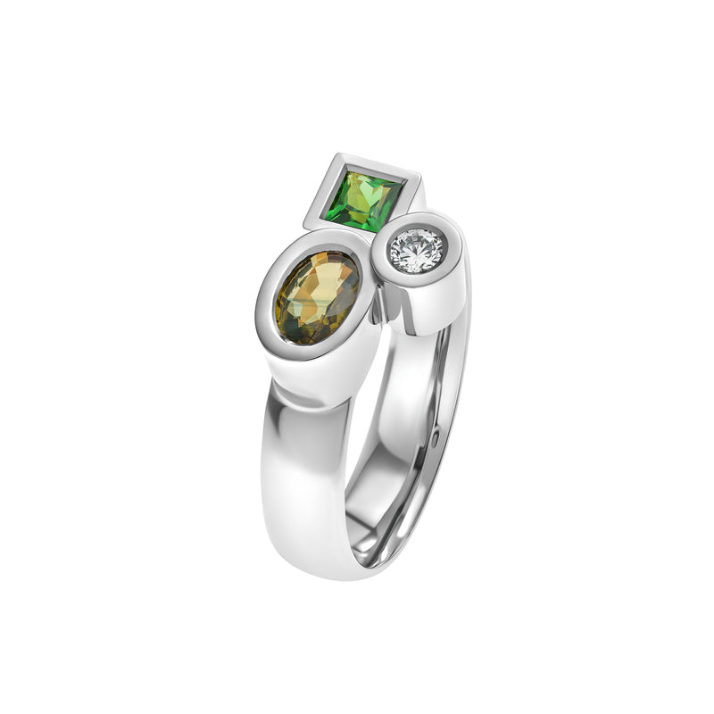 Marélie small green gold, diamond, sapphire and tsavorite ring