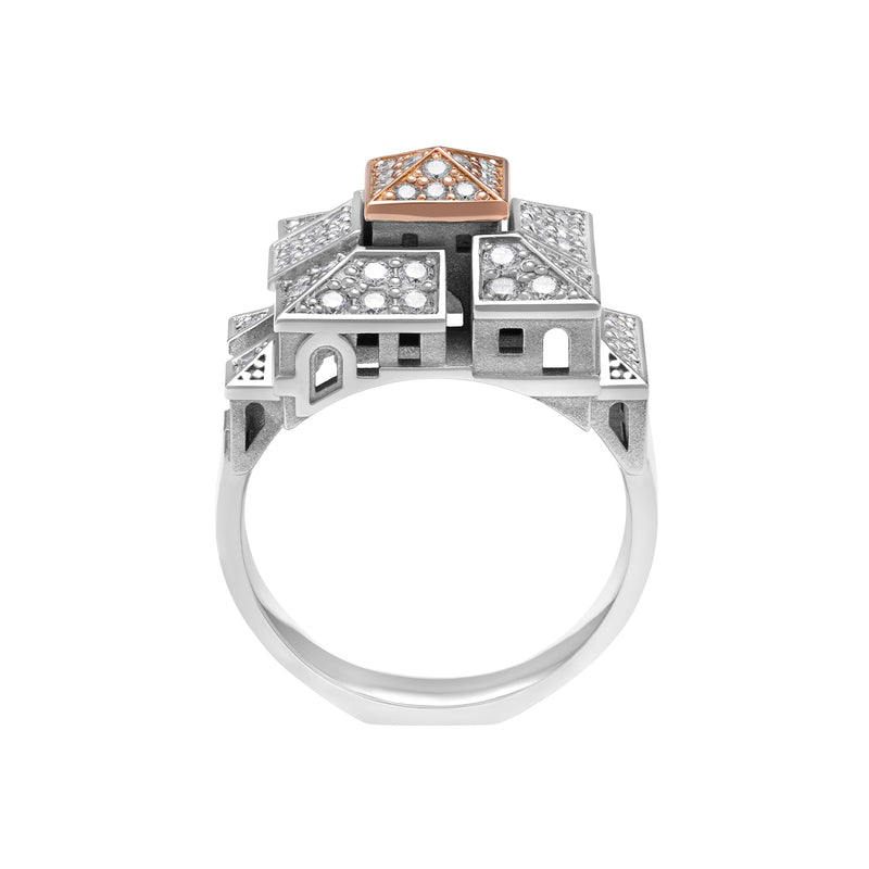 Bague Architecture cité carrée en or et diamants