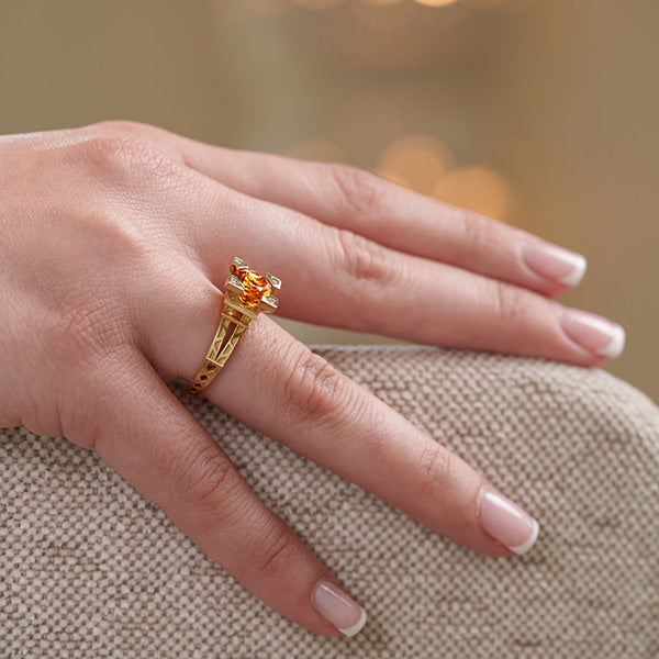 FRENCH KISS RING IN GOLD WITH 8 MM ORANGE CITRINE AND DIAMONDS