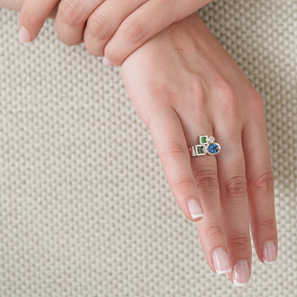 Bague Marélie médium bleue en or, diamant et saphirs