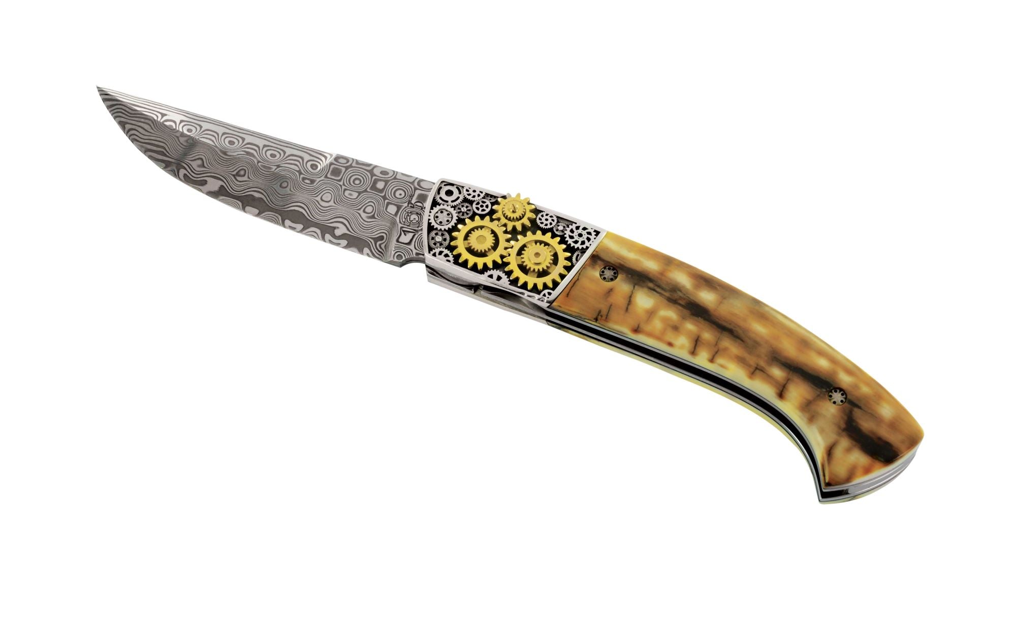 Couteau pliant d'exception en édition limitée avec lame damas manche en ivoire de mammouth et mitre avant avec engrenages en or et argent 