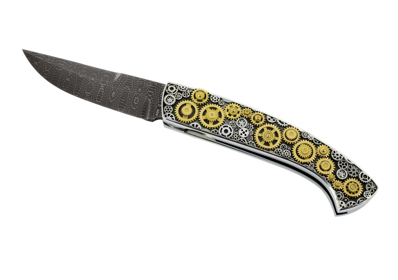 Couteau pliant d'exception en édition limitée avec lame damas vegas forge manche avant planque d'engrenages rotatifs or 18 carats et argent et manche arrière plaque d'engrenages fixes en argent