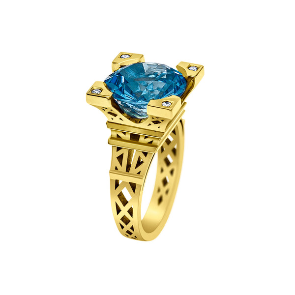 Bague Vintage En Or 14K Jaune - Sertie D'une Topaze Bleu Ciel Poire Et Diamants - Taille US 6