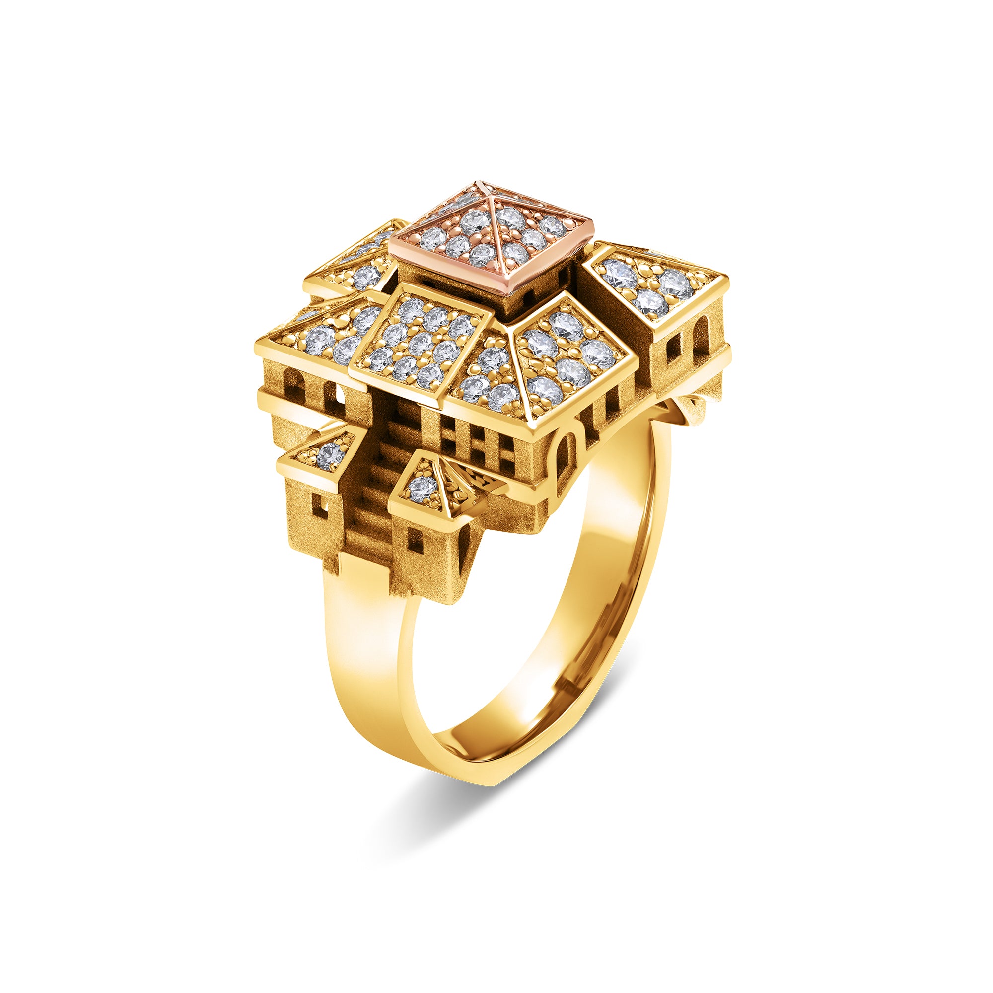 Bague Architecture cité carrée en or et diamants