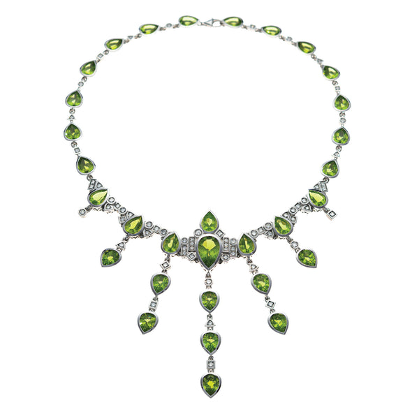 Collier Ancien - Pendeloques Verre Taillé Vert Péridot - Chaîne Argent 925 - Occasion