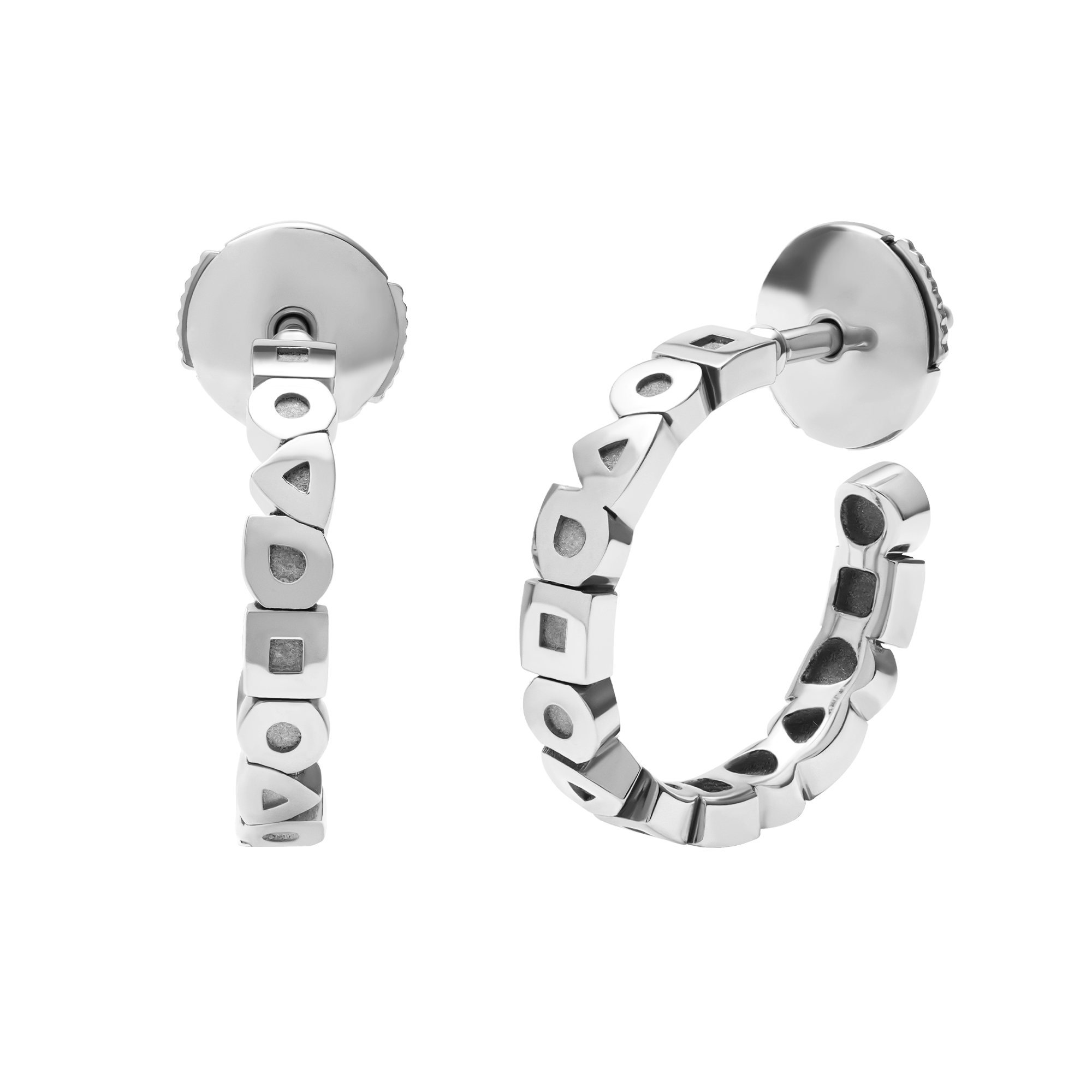 white gold creoles with squares, triangles and rounds