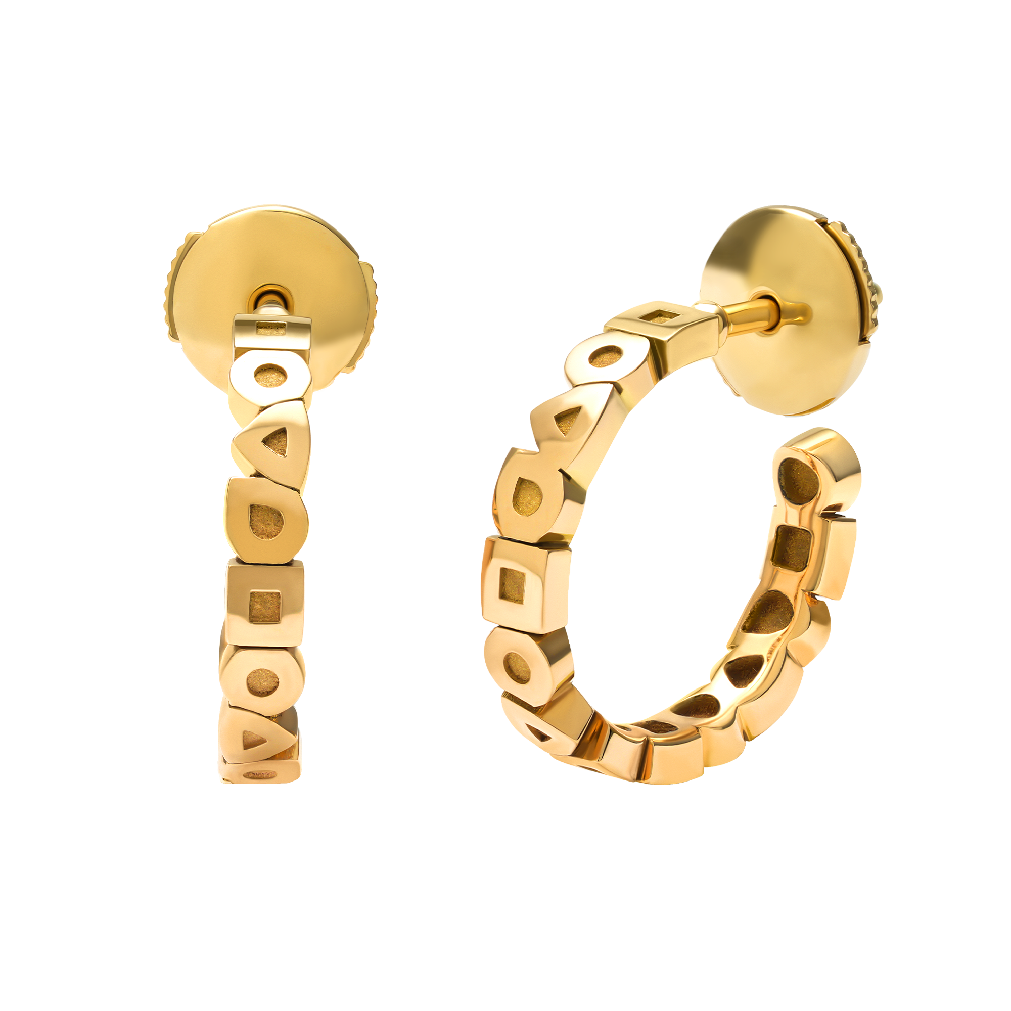 creoles in yellow gold with squares, triangles and rounds