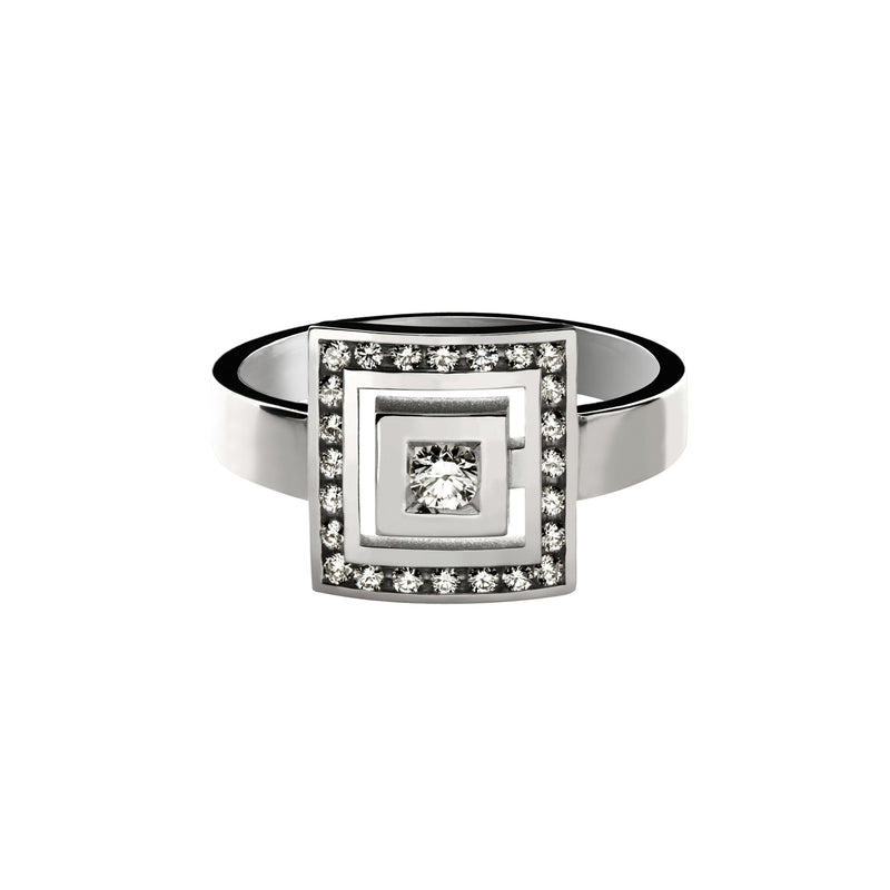 Bague Signe Labyrinthe carrée avec un rail de diamants en or