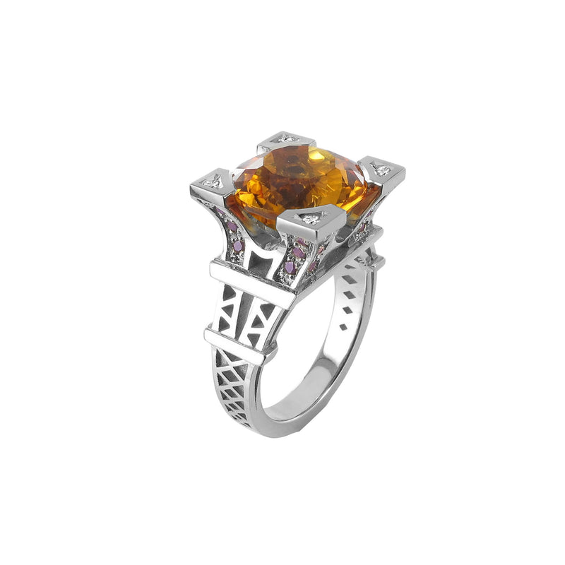 Bague Solitaire French Kiss XL en or avec Citrine et pavage