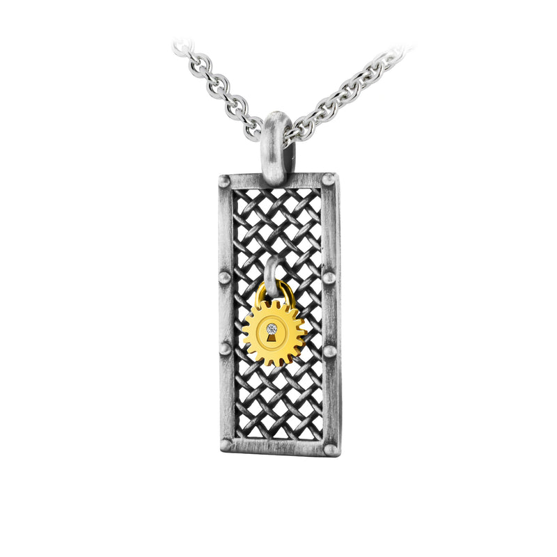 Pendentif argent brossé Lock and Love pont des amoureux & cadenas engrenage en or avec un diamant et une chaine