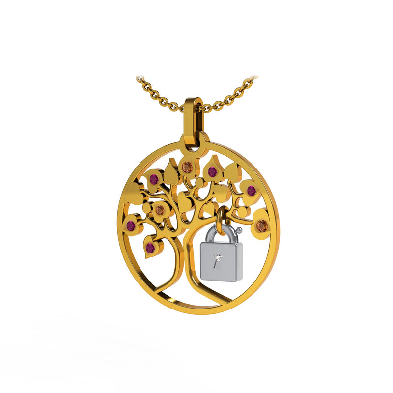 Pendentif Lock and Love 4 saison été diamants et or arbre des amoureux & cadenas d'amour sans chaine