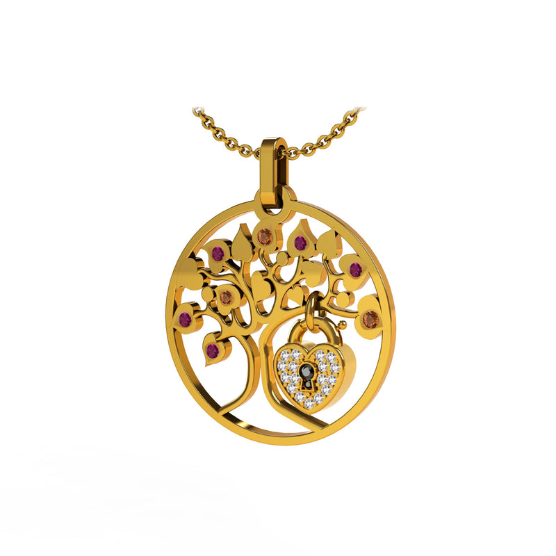 Pendentif Lock and Love 4 saison été diamants et or arbre des amoureux & cadenas d'amour sans chaine