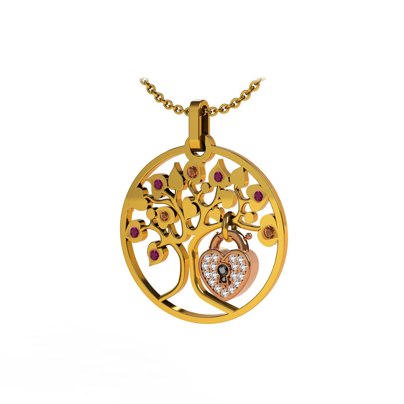 Pendentif Lock and Love 4 saison été diamants et or arbre des amoureux & cadenas d'amour sans chaine