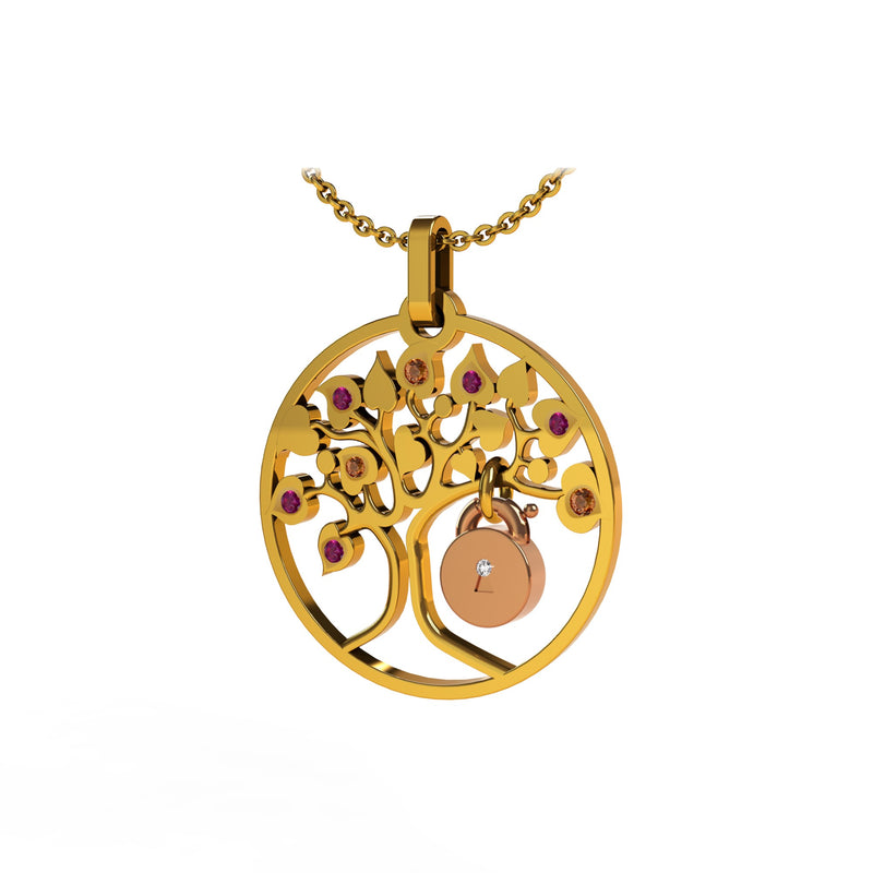 Pendentif Lock and Love 4 saison été diamants et or arbre des amoureux & cadenas d'amour sans chaine