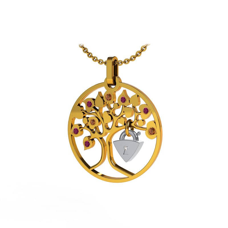 Pendentif Lock and Love 4 saison été diamants et or arbre des amoureux & cadenas d'amour sans chaine