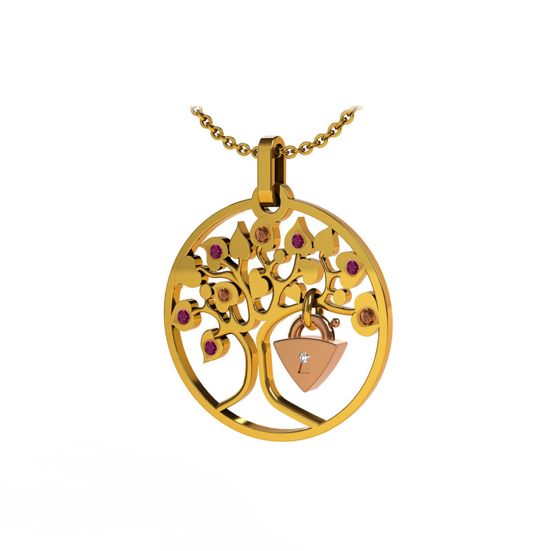 Pendentif Lock and Love 4 saison été diamants et or arbre des amoureux & cadenas d'amour sans chaine