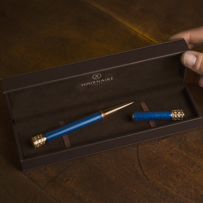 Stylo "Alchimie" Roller laque bleue nacré finition or jaune