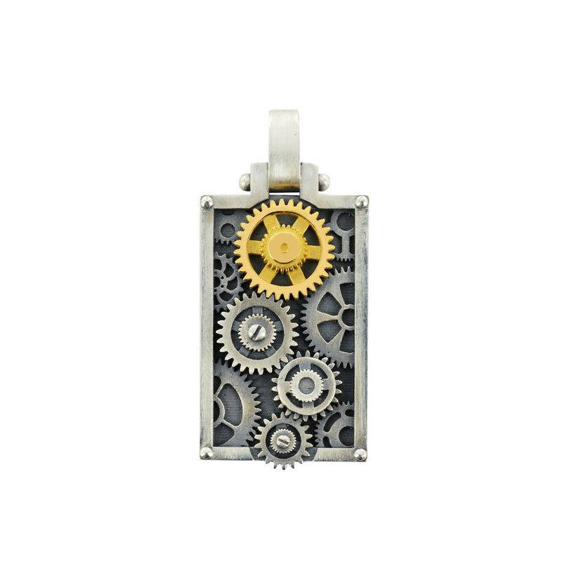 Pendentif Engrenages Rectangle en argent et or jaune
