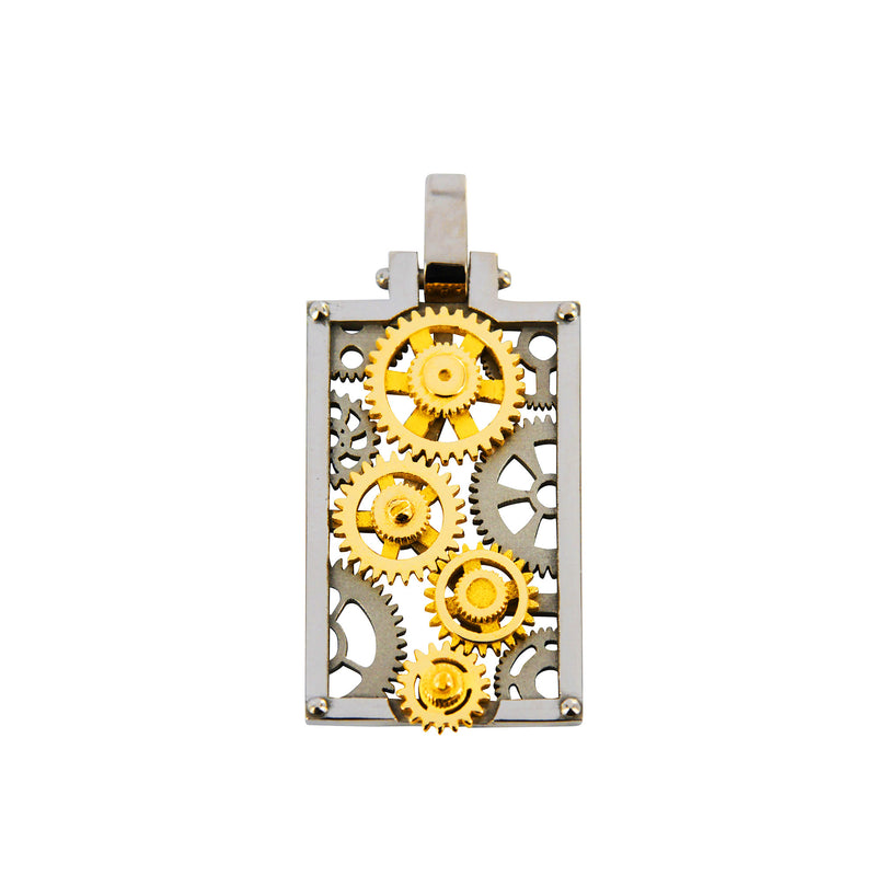 Pendentif Engrenages Rectangle en or blanc et or jaune