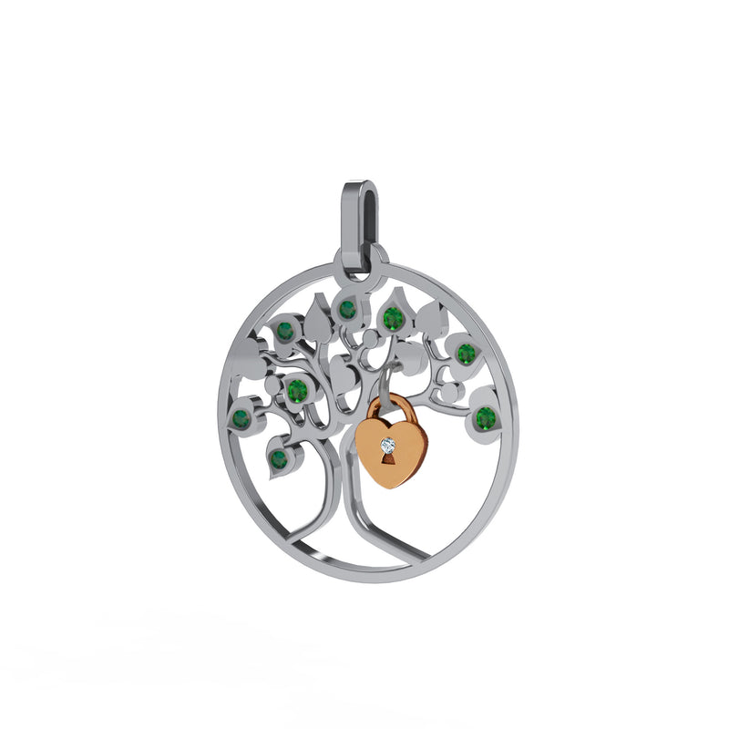 Pendentif Lock and Love 4 saisons printemps diamants et or arbre des amoureux & cadenas d'amour