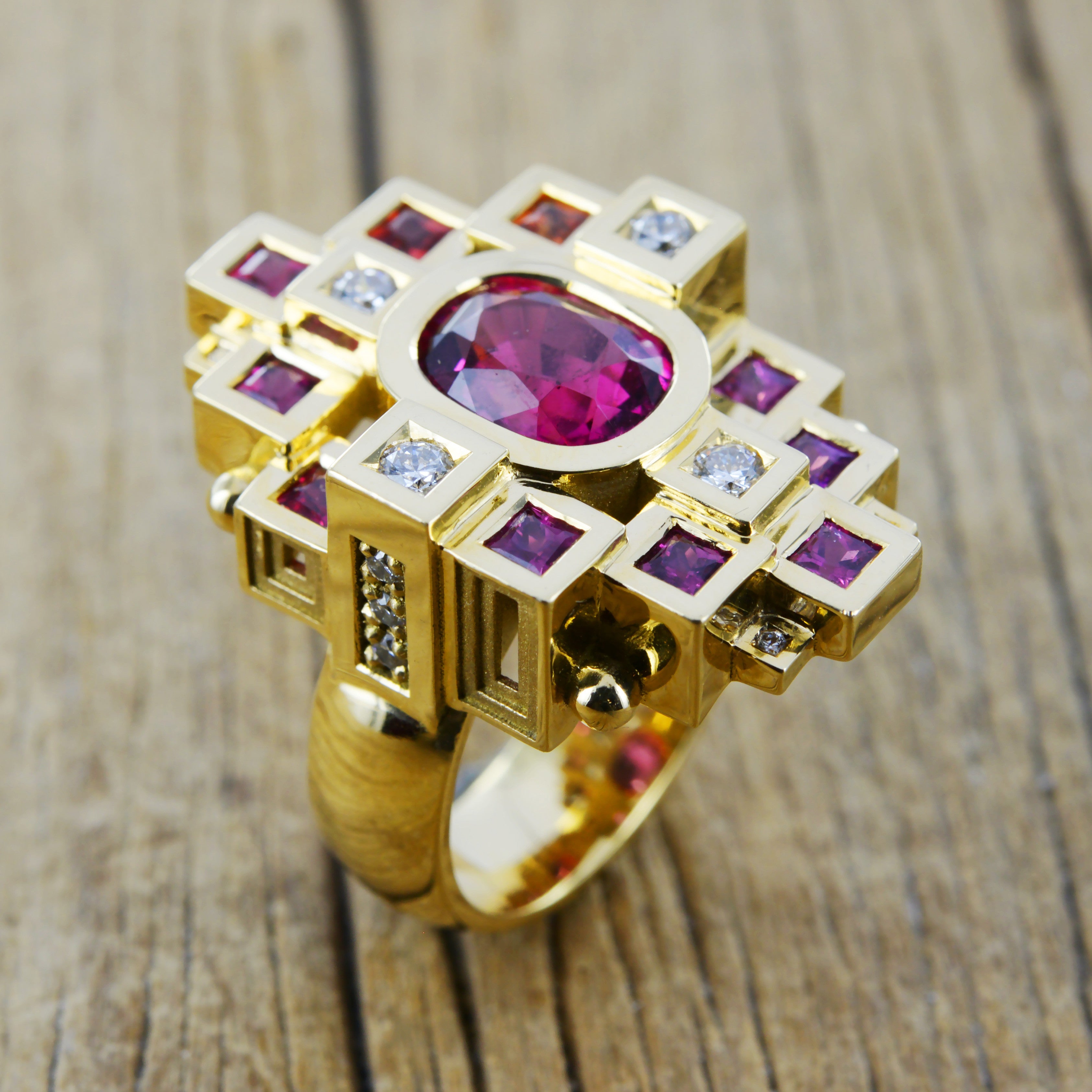 Sapphire, rubelite and diamond ring in yellow gold