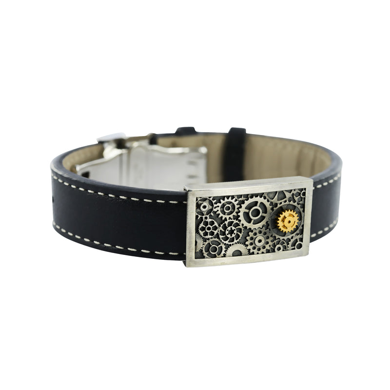 Rectangular gear bracelet in silver and yellow gold