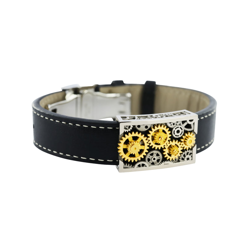 Bracelet Engrenage rectangle en or sur cuir