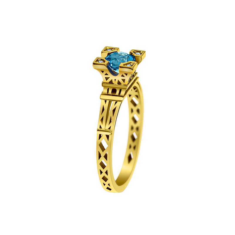 French Kiss ring in gold with 5 mm blue topaz and diamonds