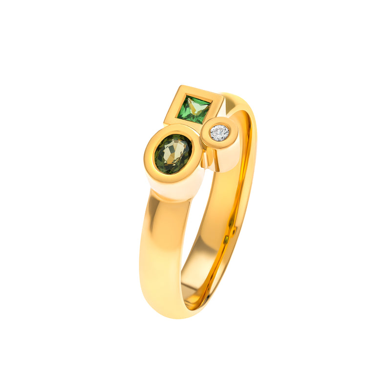 Marélie extra small green ring in gold, diamond, sapphire and tsavorite