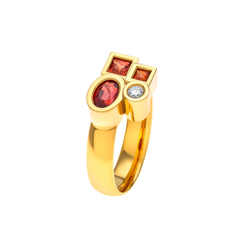 Marélie small red-orange ring in gold, diamonds, sapphires and rubies