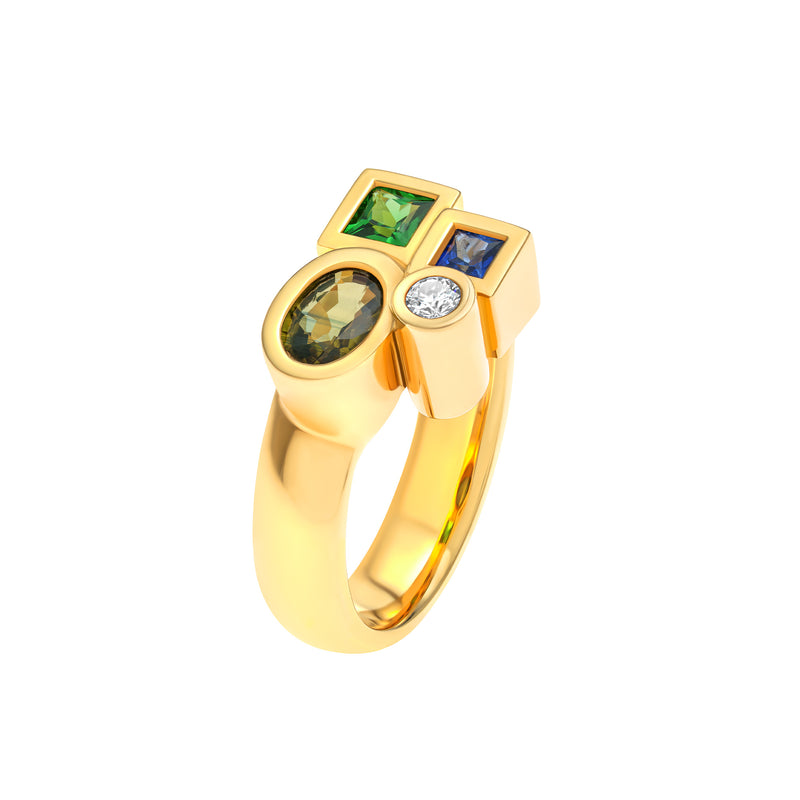 Marélie small green gold, diamond, sapphire and tsavorite ring