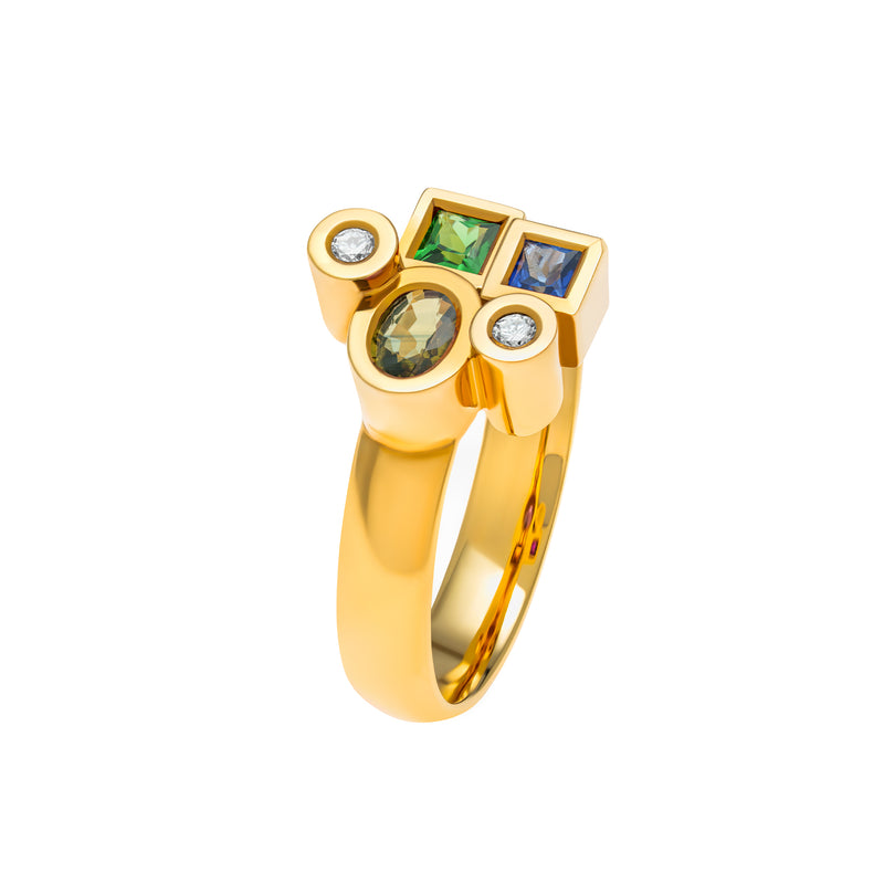 Marélie extra small green ring in gold, diamonds, sapphires and tsavorite