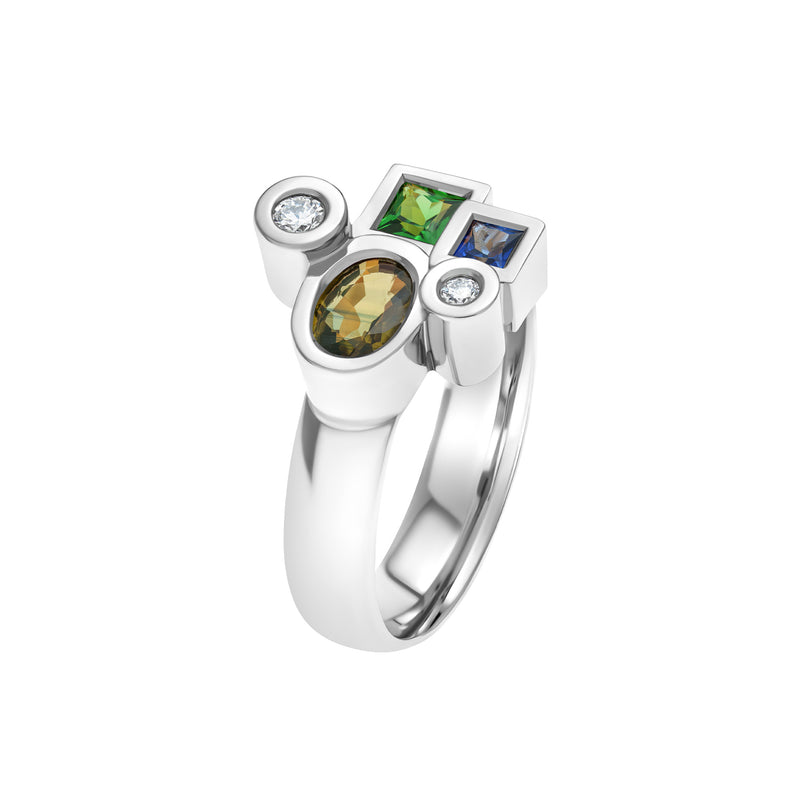 Marélie small green ring in gold, diamonds, sapphires and tsavorite
