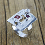 Ring Astrée rubies sapphires and diamonds in palladium-plated white gold