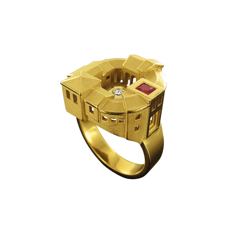 architecture Village fortified gold sapphire ring Tournaire