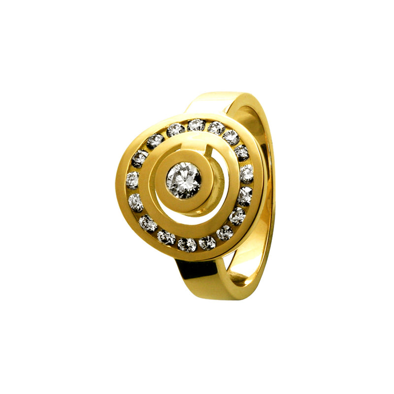 Round Labyrinth Sign Ring with a Gold Diamond Track