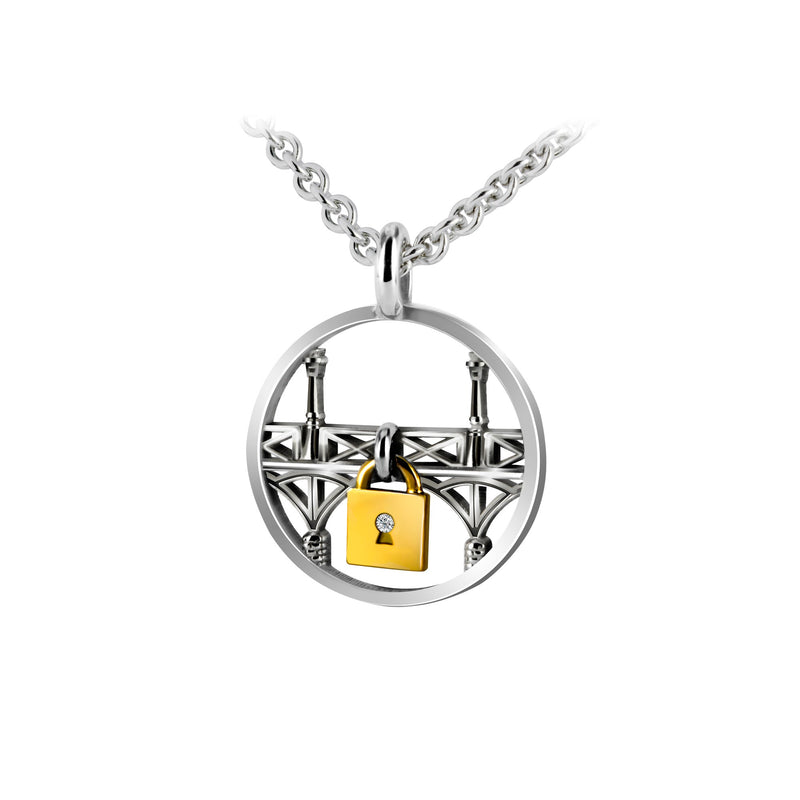Round silver Lock and Love Tournaire lovers' bridge pendant & amour gold padlock with diamond and chain