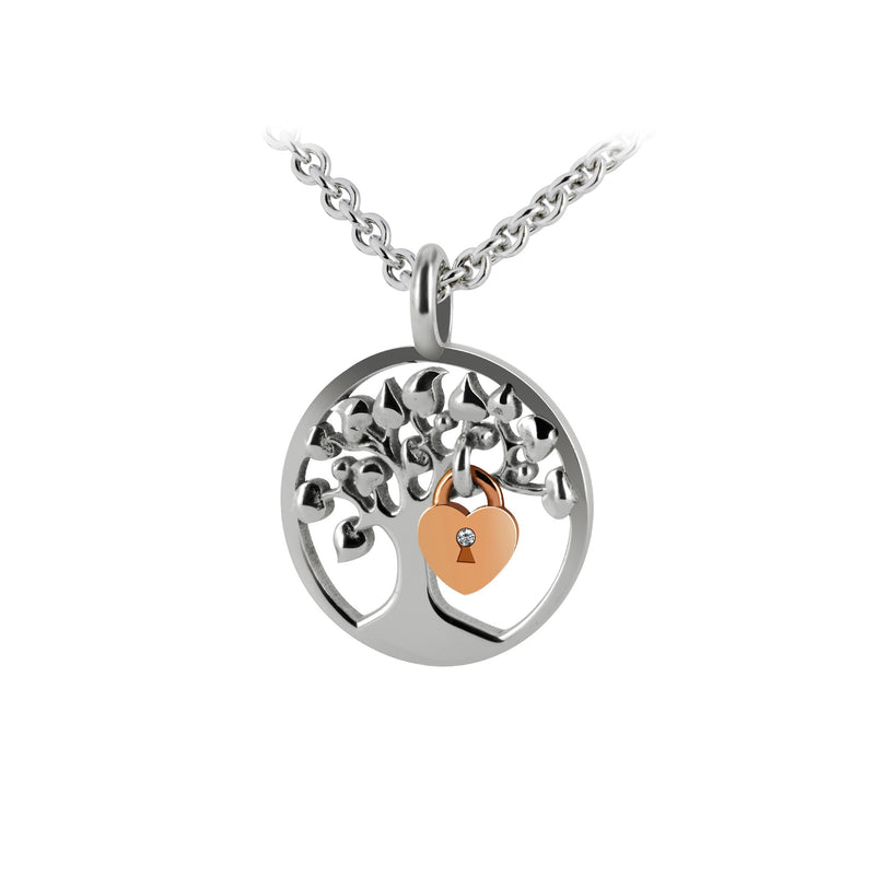 Silver Lock and Love Tournaire Lover's Tree & amour padlock pendant in gold with diamond and chain